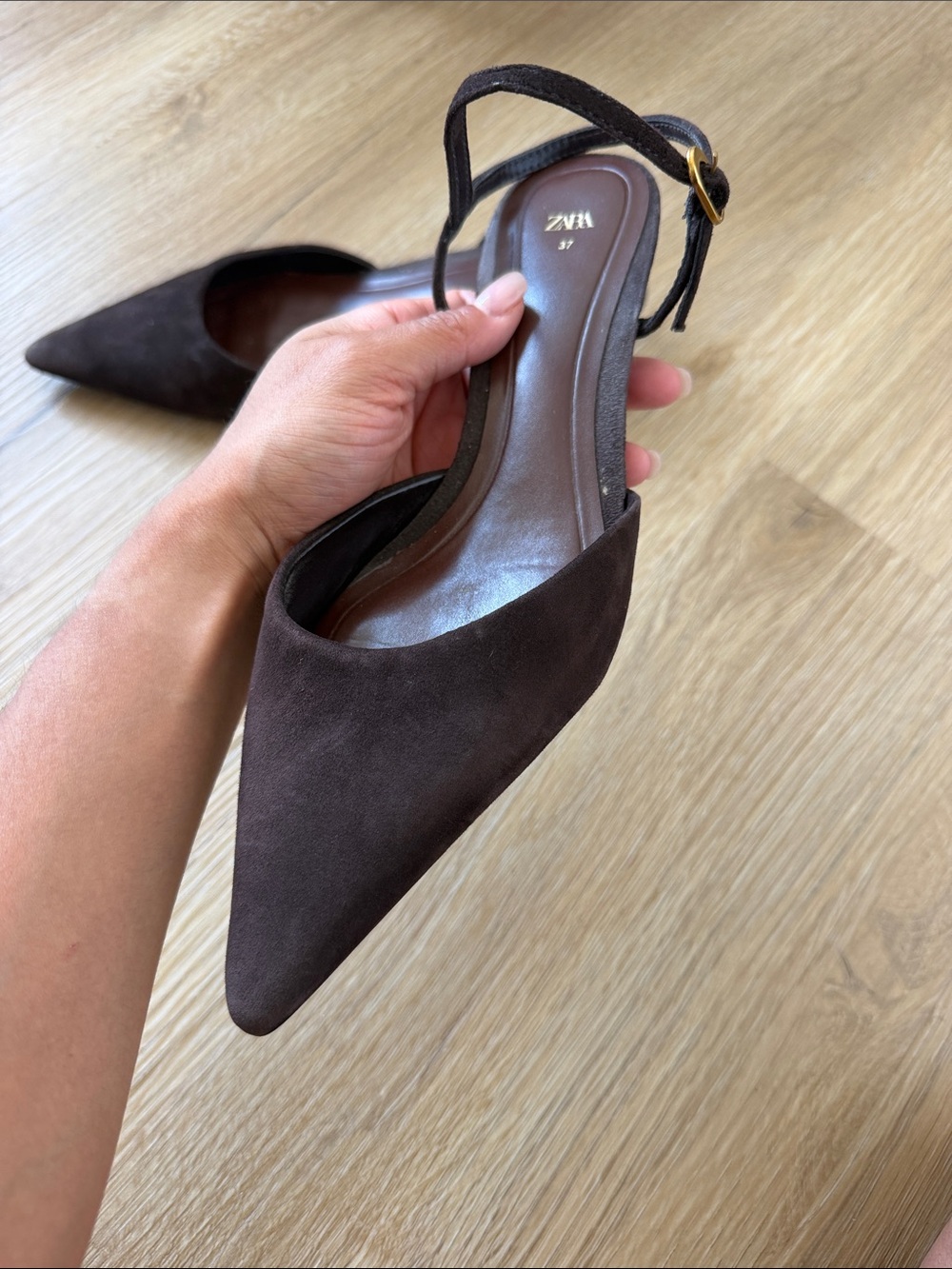 Zara Dark Brown Suede Pointed Slingback Heels (wore once) - Picture 3 of 3